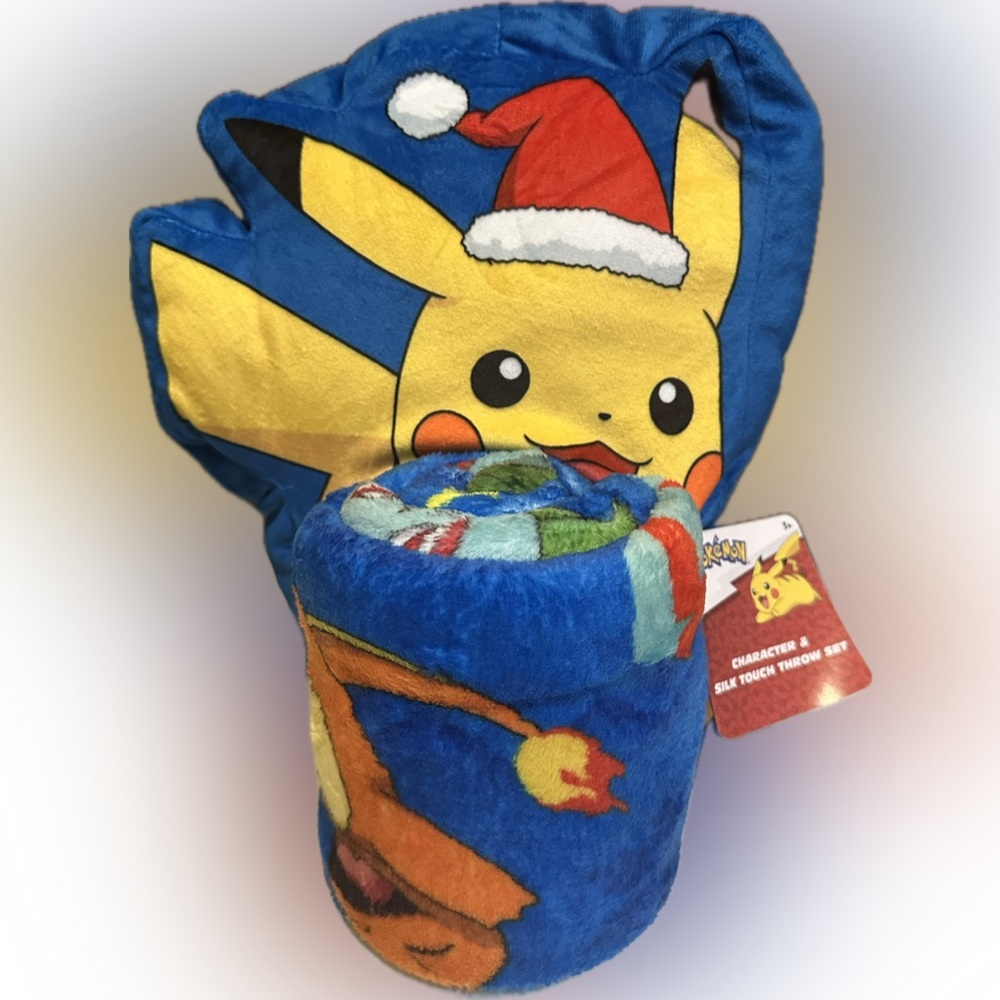 POKÉMON PLUSH THROW BLANKET W PIKACHU PILLOW SET BLUE YELLOW 40”x50” SILK TOUCH